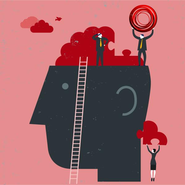 Illustration of a giant grey head with an open skull cap, revealing his brain. A portion of the brain in the shape of a puzzle piece is missing. Two men in grey suits stand on top of the head. The man to the left is scratching his head, while the man on the right is carrying the CFI’s red circular logo above his head. Beneath them, a woman in a grey suit is holding up the brain’s missing puzzle piece
