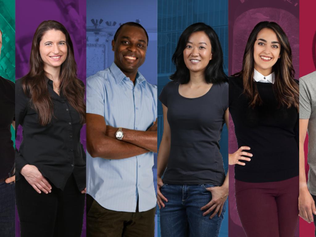 Composite image of six researchers standing side-by-side against different coloured backgrounds