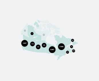Carte présentant le nombre de projets financés dans chaque province et territoire du Canada.
