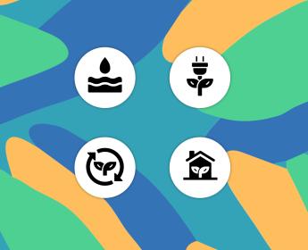 4 icons related to freshwater, renewable energy, biodiversity and built environments layed out on a vibrant colored background.