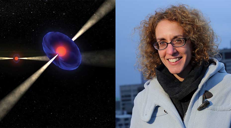 A photo of a neutron star coupled wiht a photo of astrophysicist Vicky Kaspi.