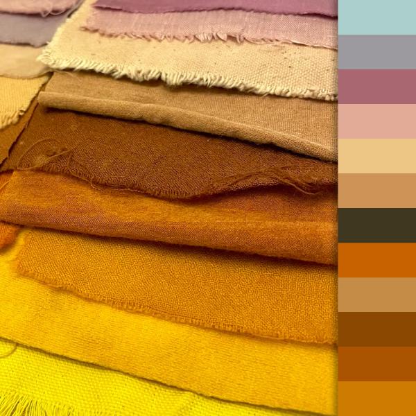 Pallet of natural fabrics dyed with food waste. 