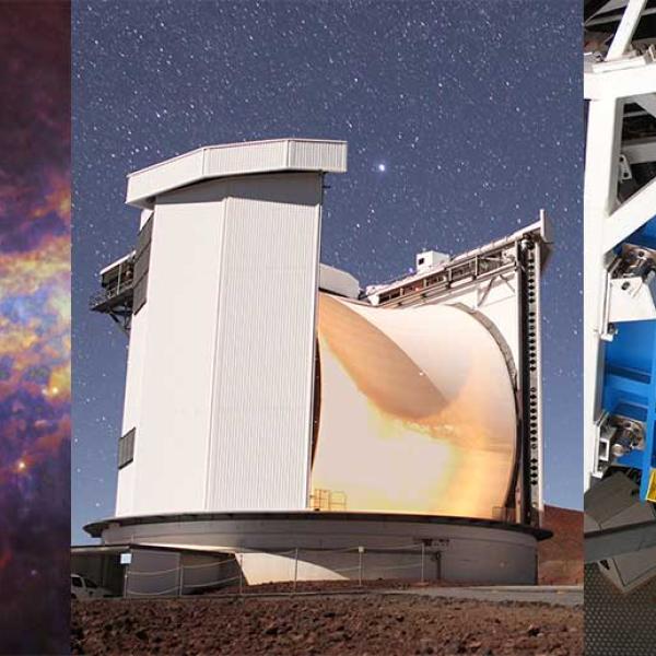 Une compilation de la Voie Lactée, vue de l’espace, un grand édifice circulaire contient un télescope et une caméra de l’espace superpuissante, telle une grande boîte bleue.