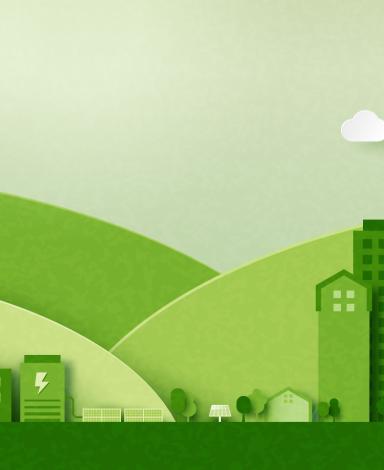 A graphic of several green coloured buildings against a backdrop of rolling green hills with windmills.