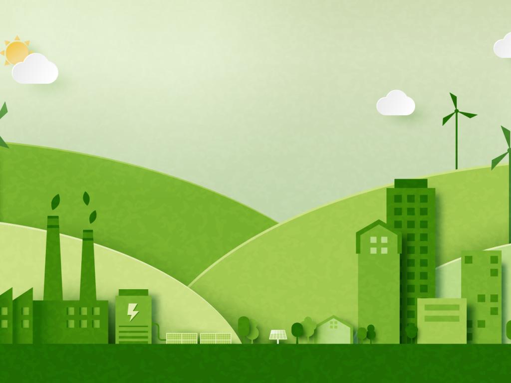 Illustration représentant plusieurs bâtiments de couleur verte avec en toile de fond des collines vertes vallonnées accueillant des éoliennes.