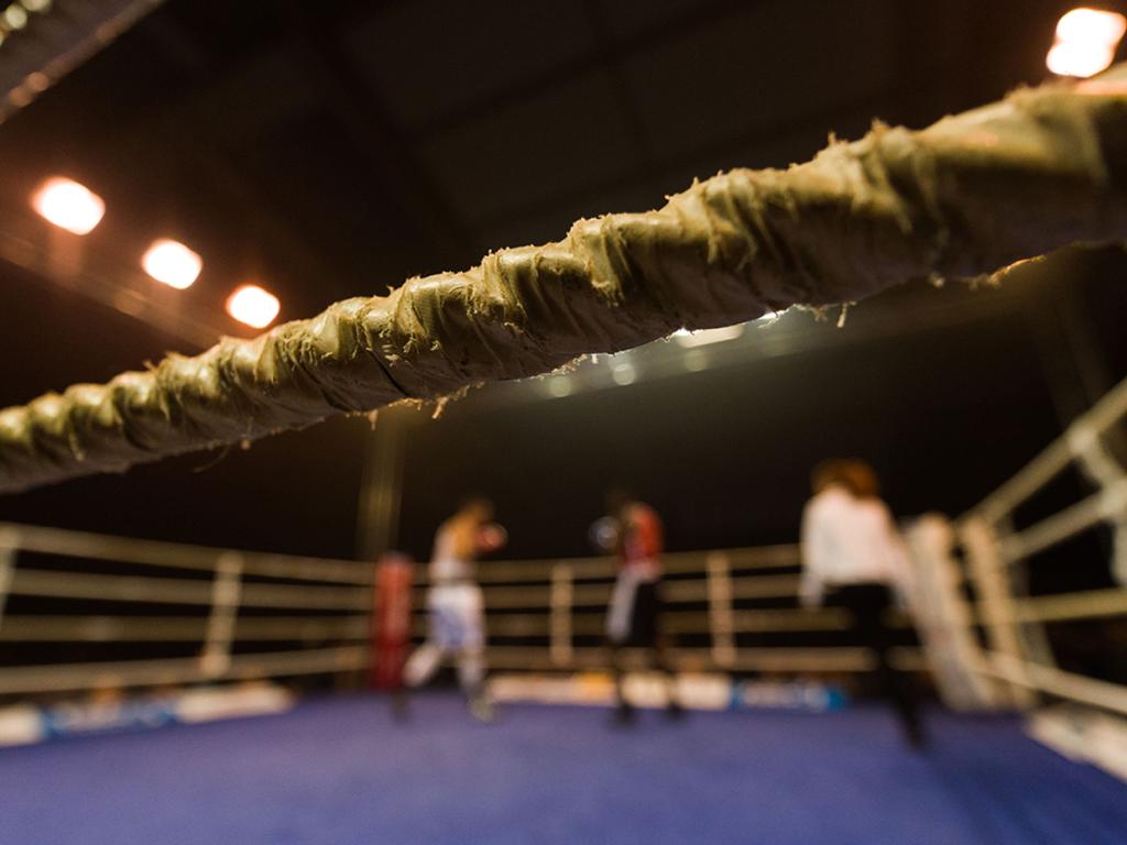 Looking through the ropes into a boxing ring, with boxers blurred in the background.