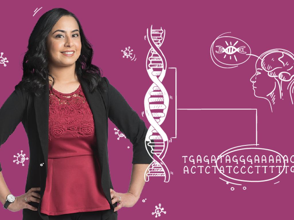 Etudiente en doctorat Sheena Gurm se tient entourée de dessins qui représentent l'ADN