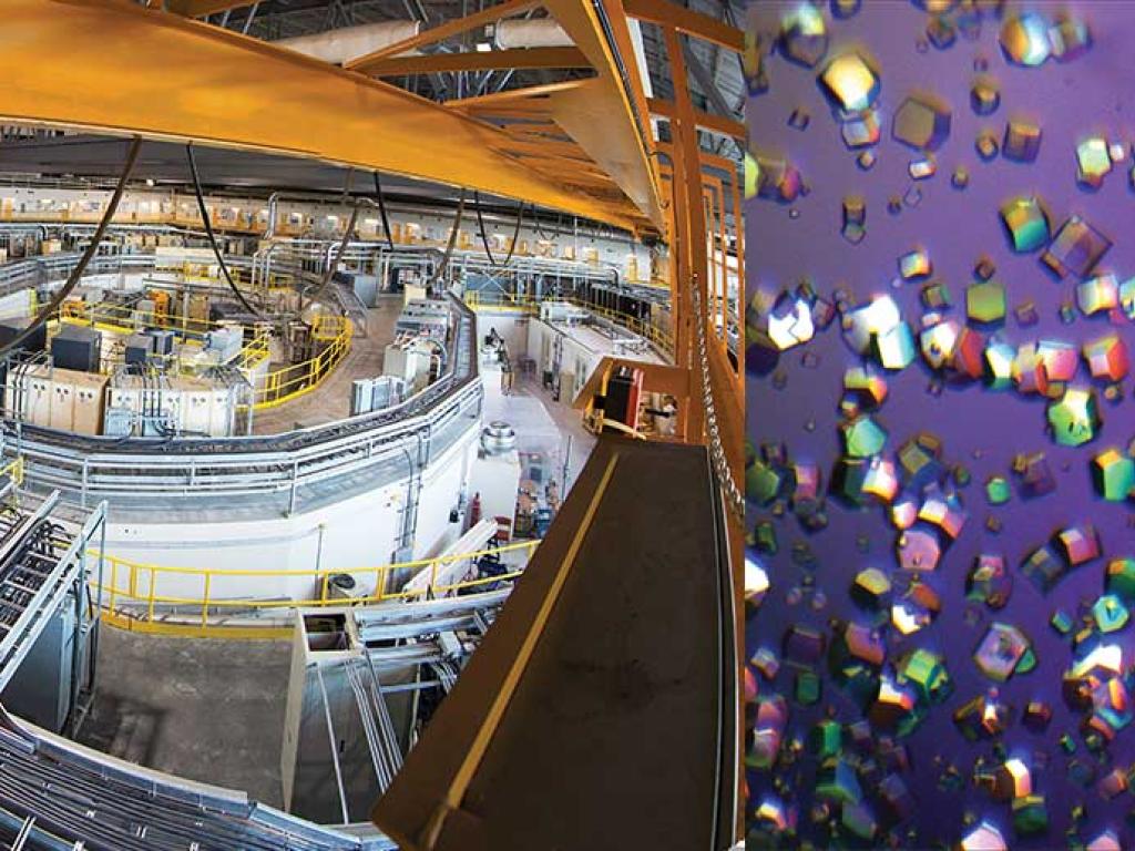 A huge, circular room is entirely filled by a ring-like structure of large metal pipes. Inset is a series of colourful protein crystals photographed on a purple background.