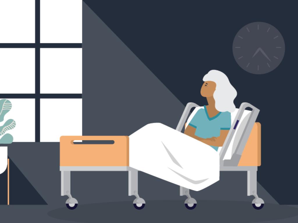 An illustration of a woman with white hair sitting up in a hospital bed gazing toward a window