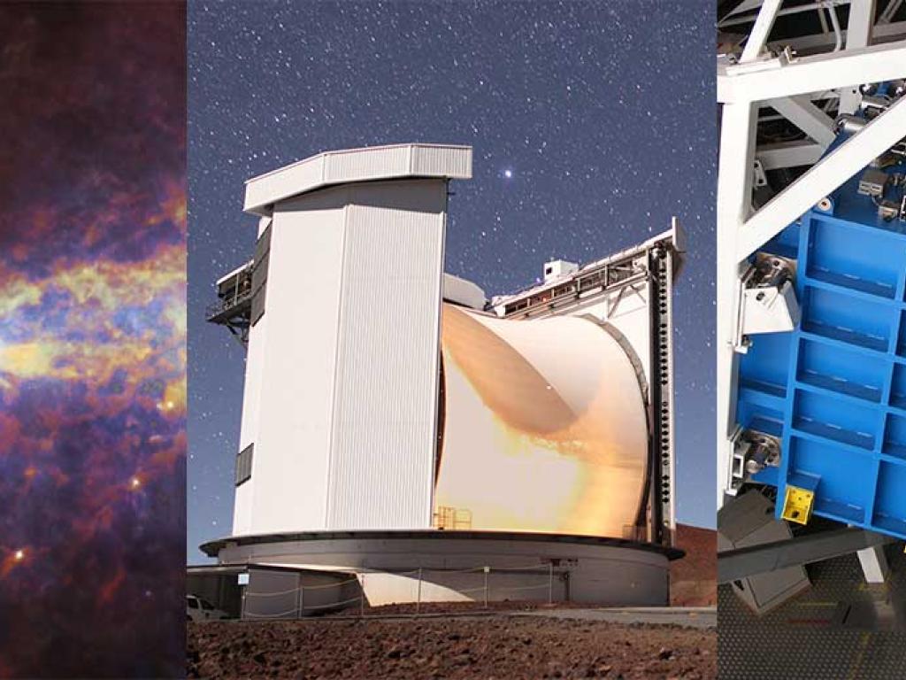 Une compilation de la Voie Lactée, vue de l’espace, un grand édifice circulaire contient un télescope et une caméra de l’espace superpuissante, telle une grande boîte bleue.