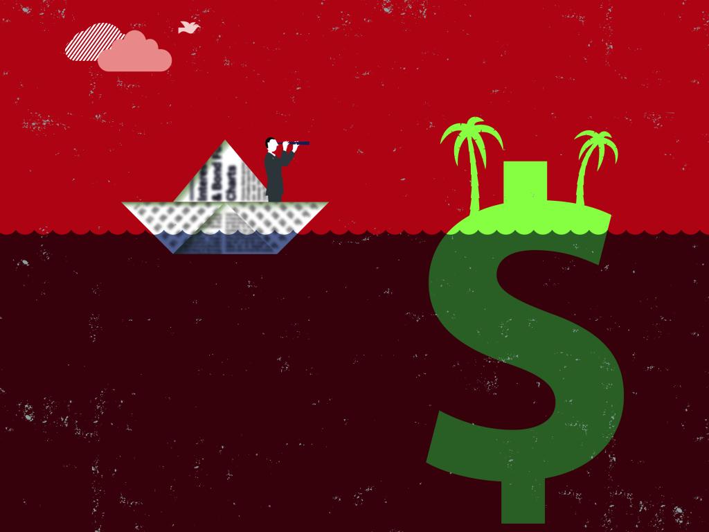 Illustration of a man in a grey suit aboard a little boat made out of newspaper. He is at sea and is looking through a nautical telescope. To the right of the boat, there is a large green dollar sign, mostly submerged under water. The top part of the dollar sign sticking out of the water has two palm trees growing on it.