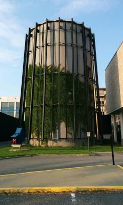 Un bâtiment cylindrique en béton recouvert d'une cage métallique et de lierre vert.