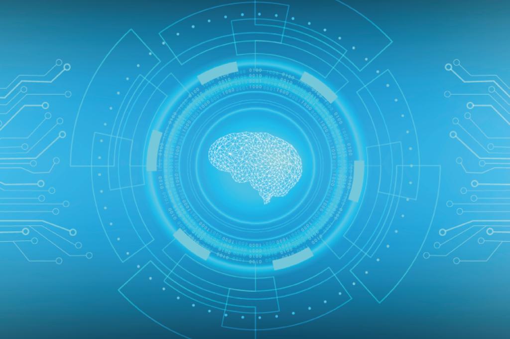 A vector graphic of the brain inside a circle made of circuitry over a blue background.