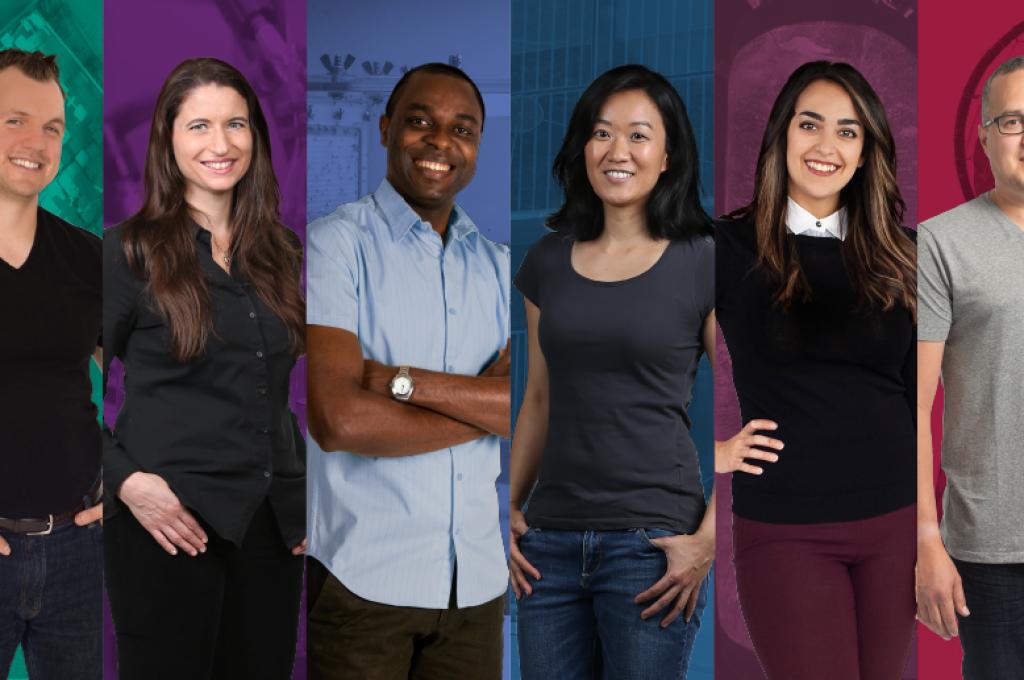 Composite image of six researchers standing side-by-side against different coloured backgrounds